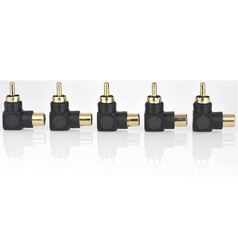 5Pack Gold Plated RCA Male to Female Coupler L Shape 90 Degrees Right Angle RCA Adapter Black
