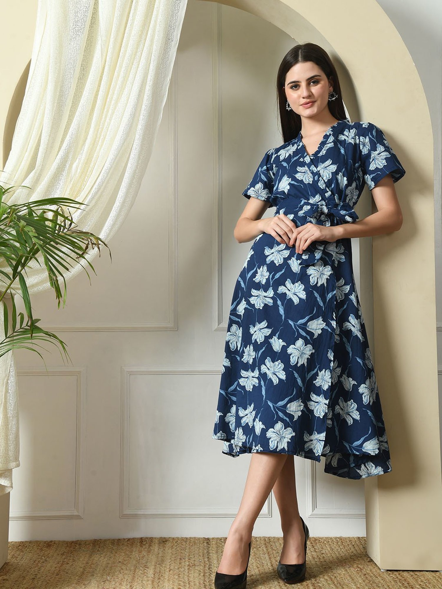 DECKEDUP Indigo Cotton Floral Print Wrap Dress