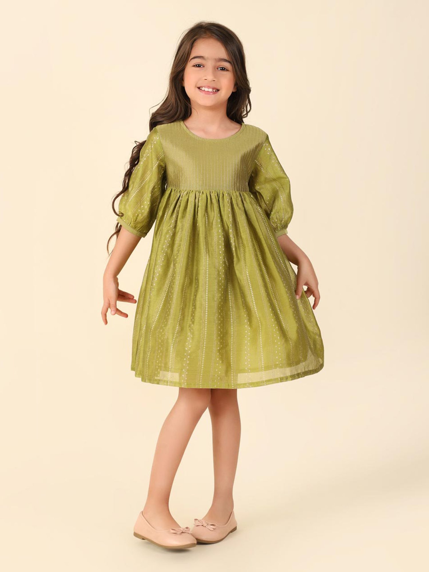 Fabindia Kids Green Printed Dress