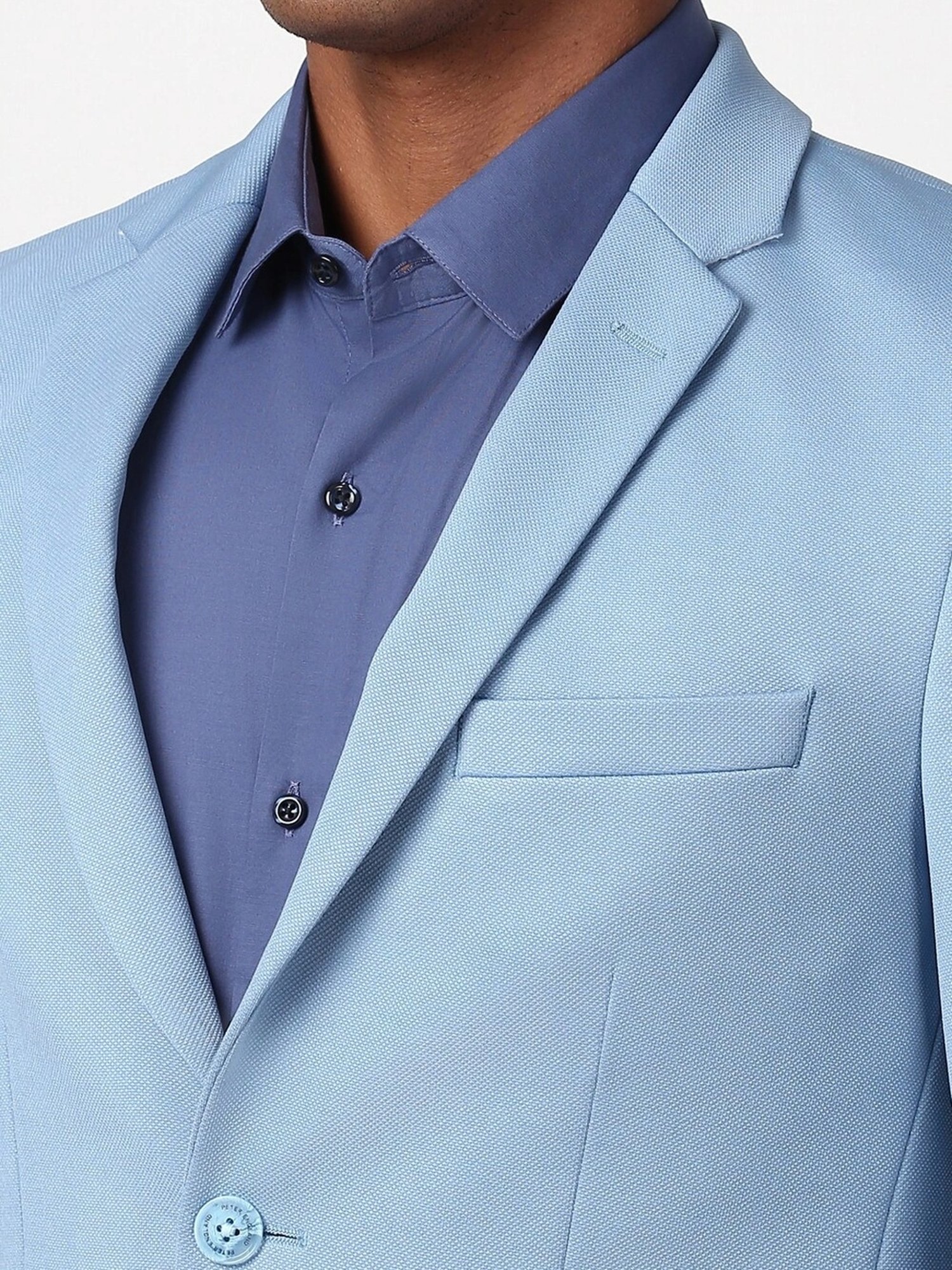 Peter England Blue Cotton Slim Fit Self Pattern Blazer