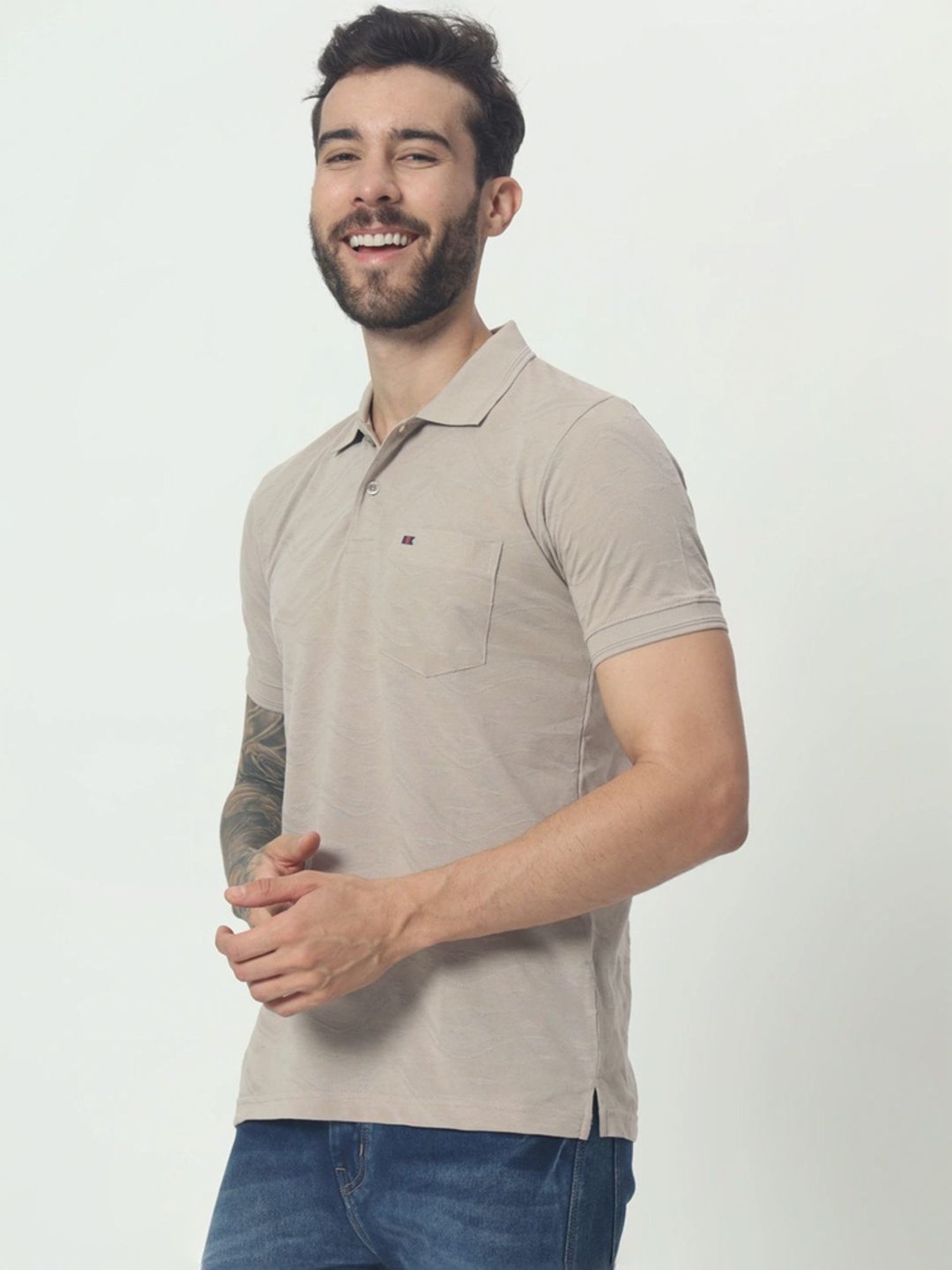 Tab91 Grey Regular Fit Self Pattern Polo T-Shirts