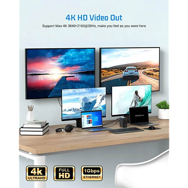 Docking Station USBC 4K Quadruple Display Universal Laptop Docking Station for MacBook and Windows 3 HDMI VGA Gigabit Ethernet USBC 30 87W PD and 4 USB Ports Triple Display for macOS