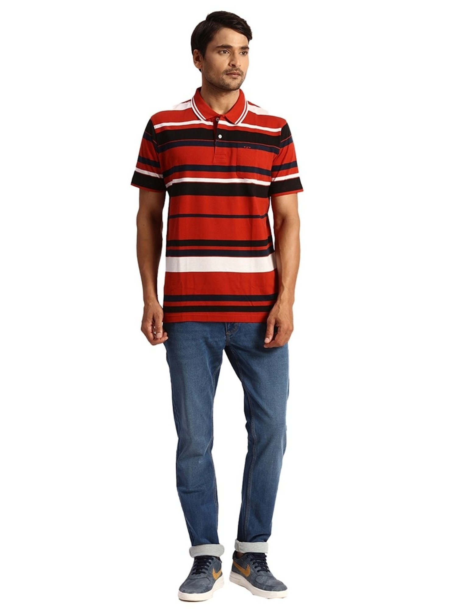 ColorPlus Orange Cotton Classic Fit Striped Polo T-Shirt