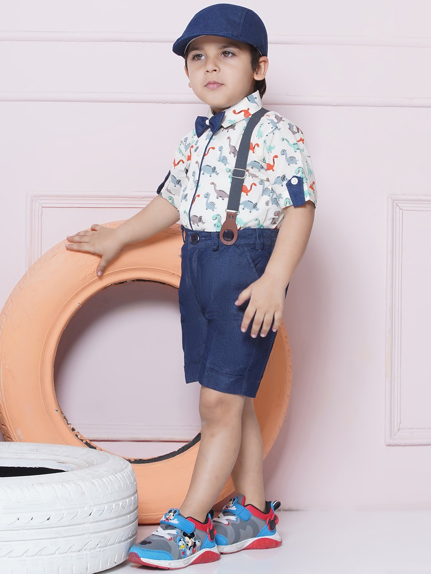 AJ Dezines Kids Orange & Navy Printed Shirt, Shorts, Suspender, Bow with Cap