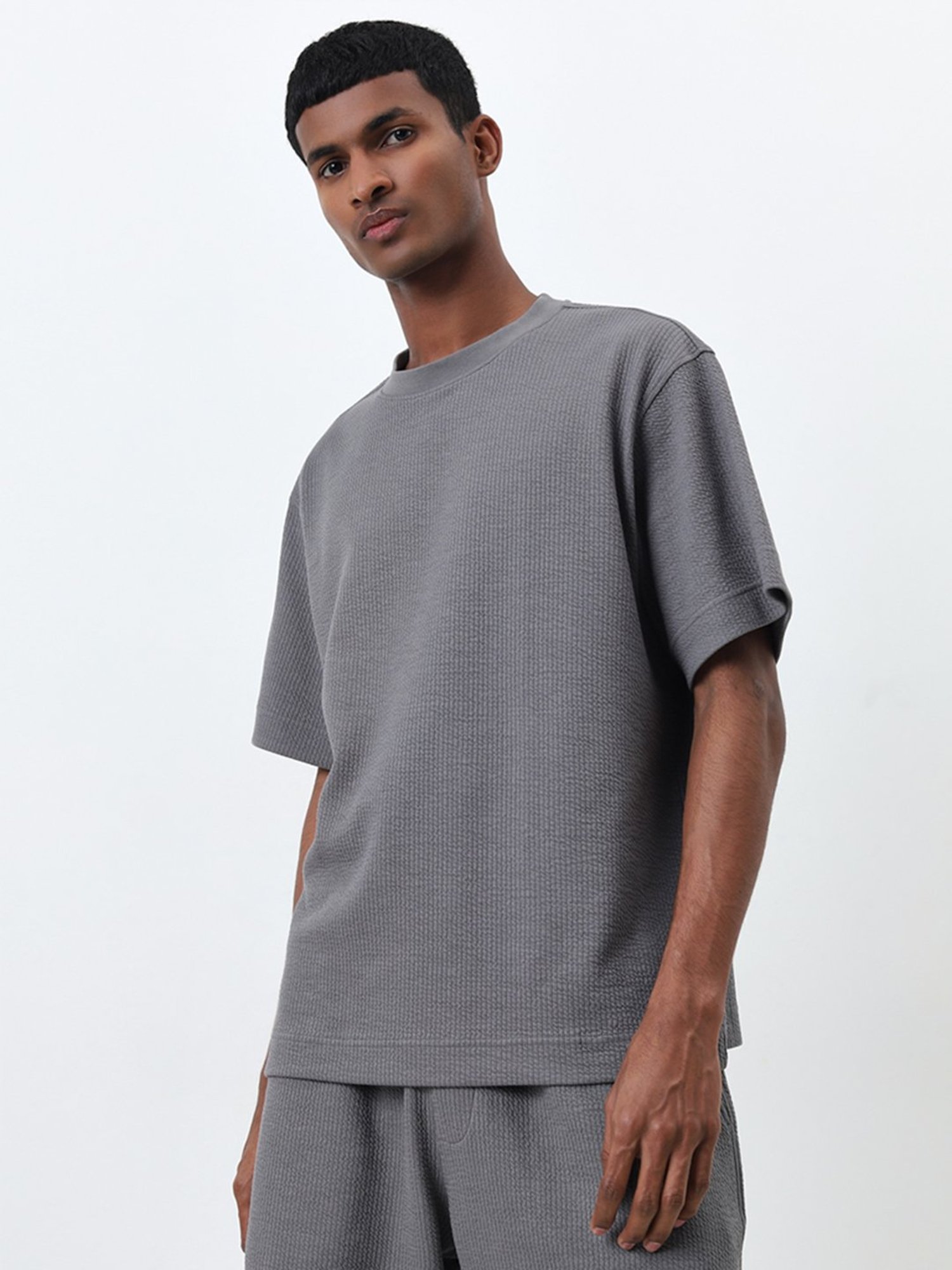 Studiofit by Westside Grey Self-Textured Relaxed-Fit T-Shirt