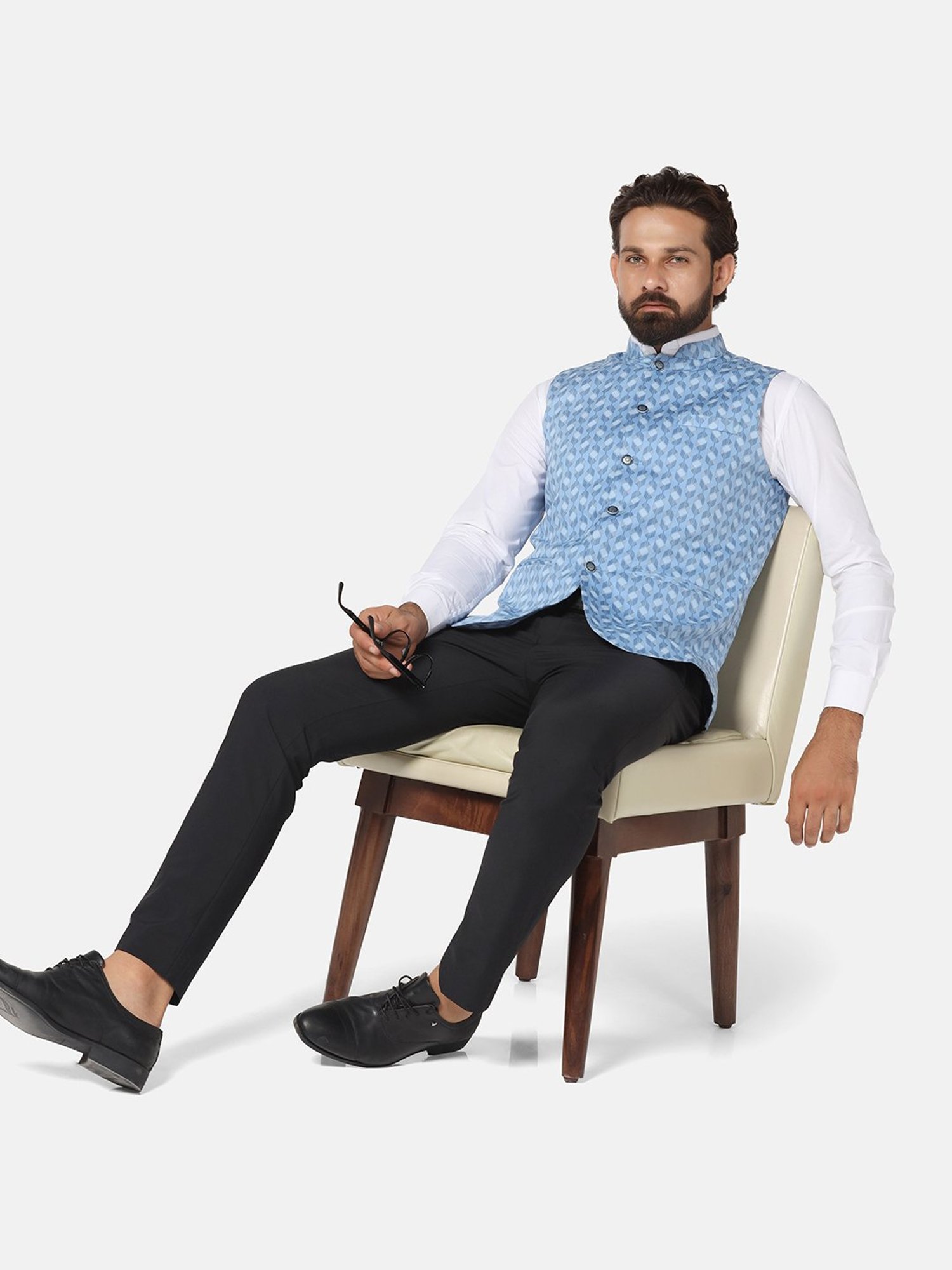 TAHVO Light Blue Slim Fit Printed Nehru Jacket