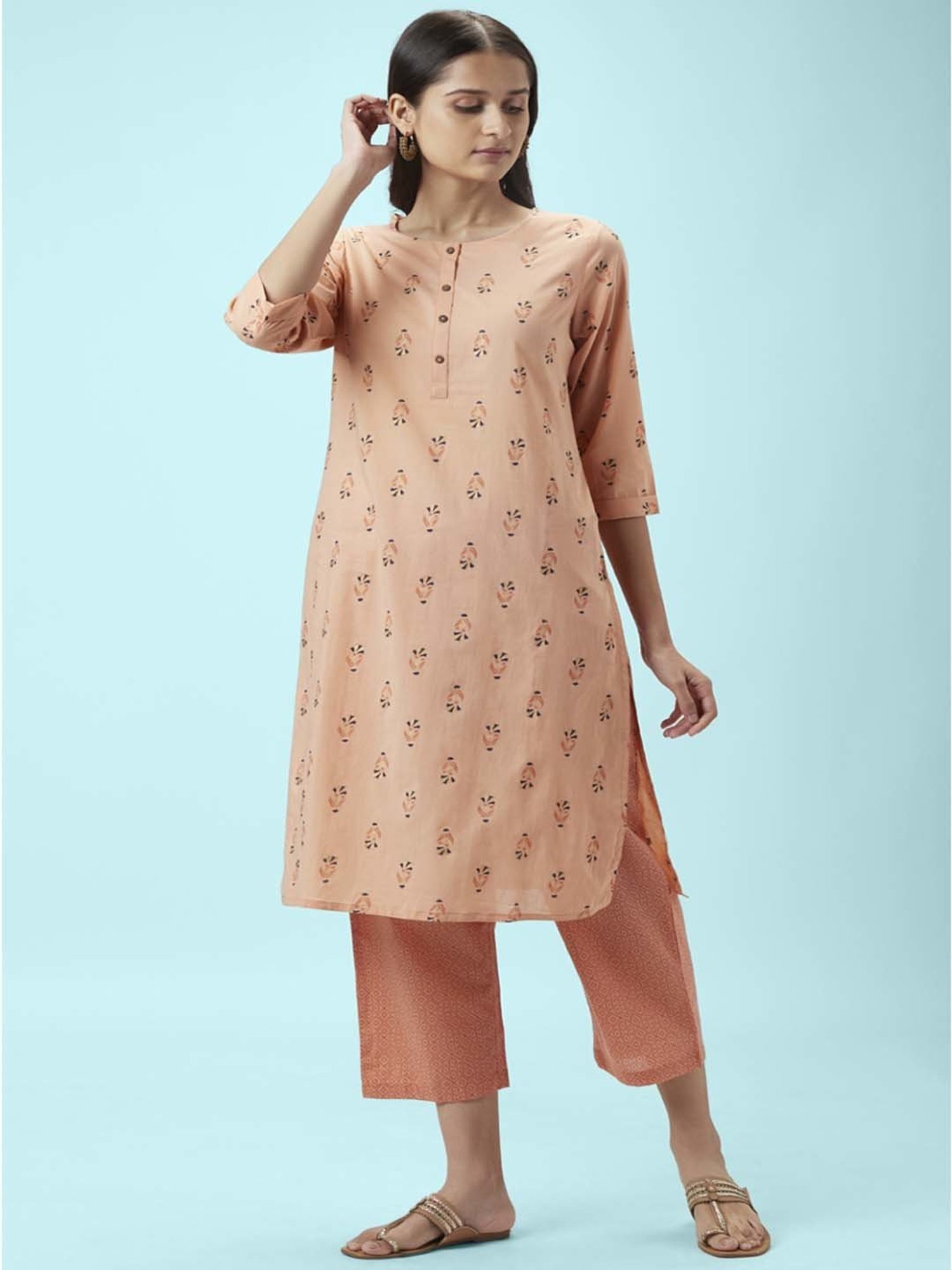 Rangmanch by Pantaloons Peach Cotton Printed Kurta Palazzo Set