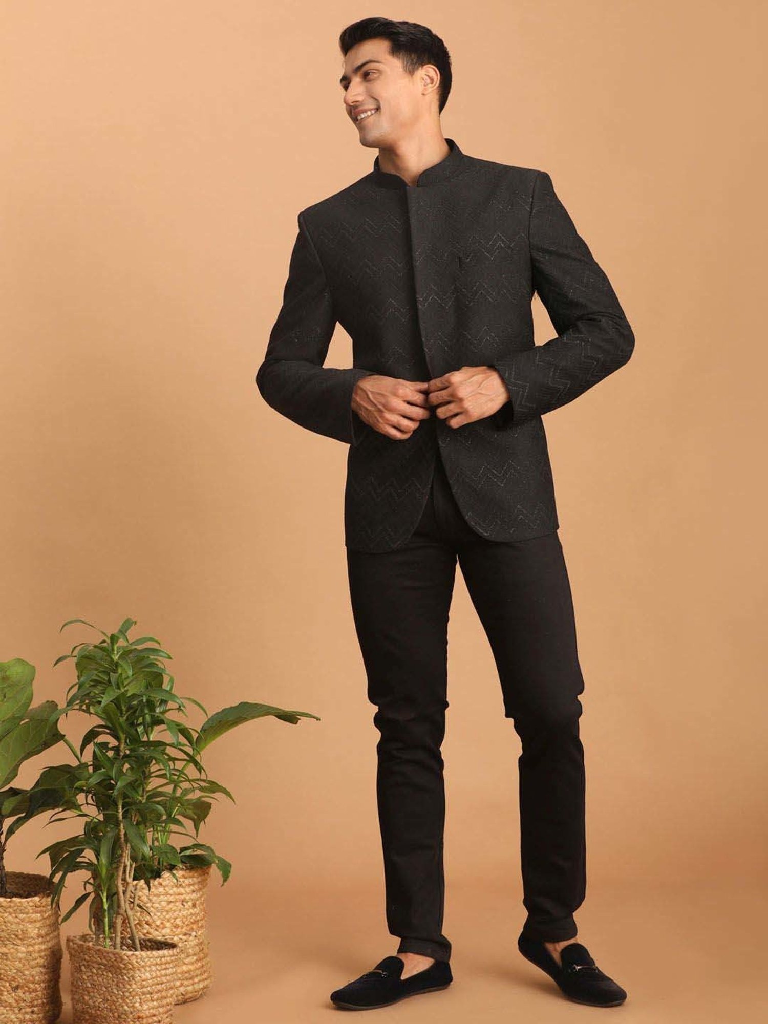 Vastramay Black Regular Fit Embellished Ethnic Blazer