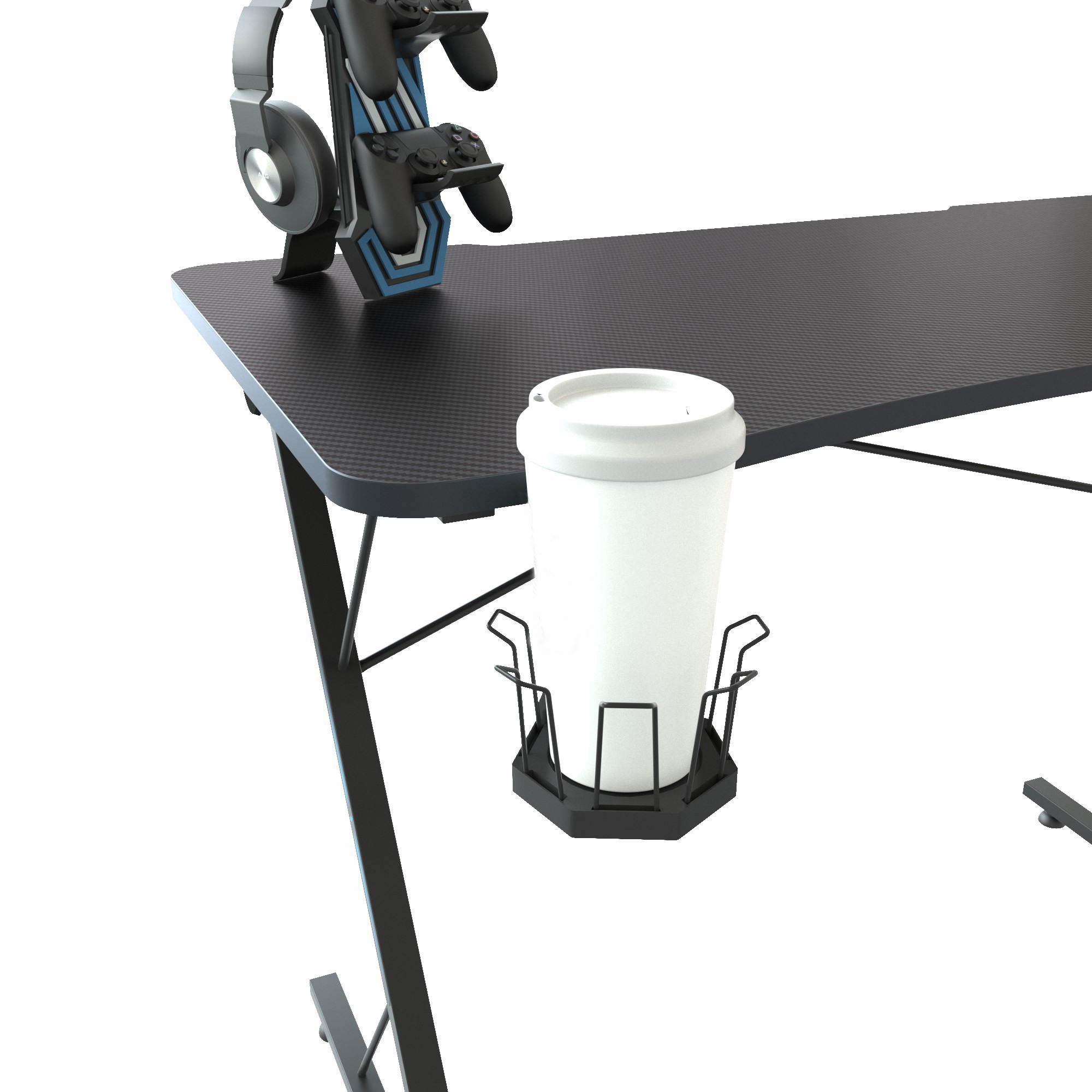 Gaming Desk, Z-Shaped Computer Desk, E-Sport PC Computer Gaming Station Desk, Gaming Workstation Home Office Desk with LED Lights, Headphone Holder, Cup Holder and Game Handles Holder, Black, R018