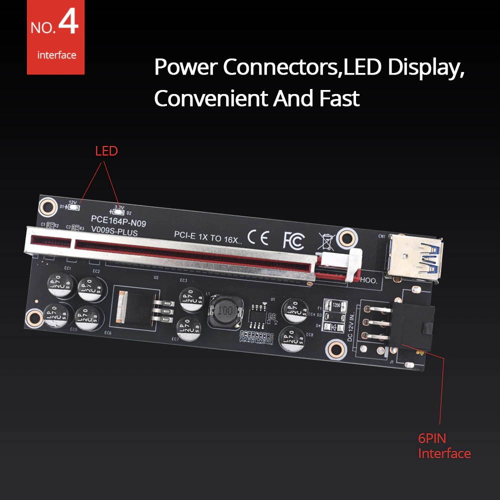 4PCS VER009S Plus PCIE Riser Card 009s PCI-E PCI Express Adapter Molex 6Pin SATA USB 3.0 Cable 1X to 16X Extender