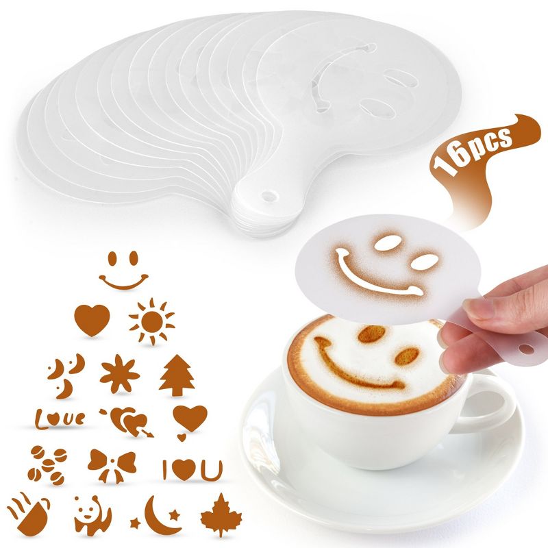 Stencils for Latte Art (16 Pack) with Various Designs to Style your Morning Coffee