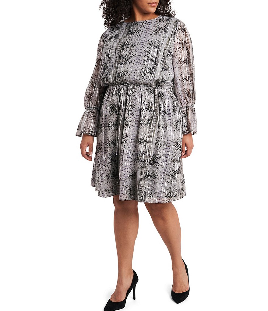 1. STATE Plus Size Crew Neck Long Sleeve Metallic Snakeskin Wrap Dress