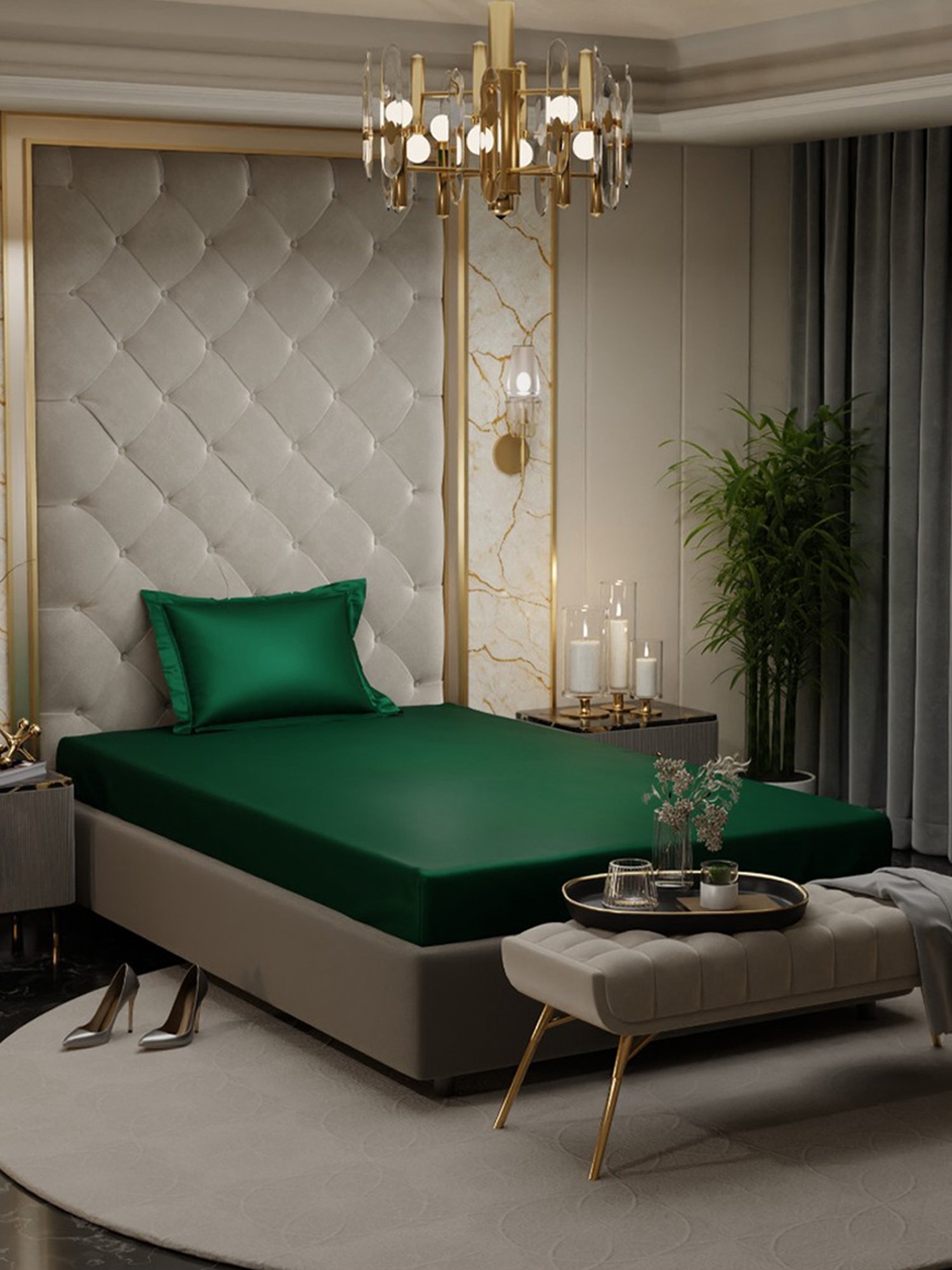 Stoa Paris Dark Green 300 TC Polyester Single Fitted Sheet with 1 Pillow Cover