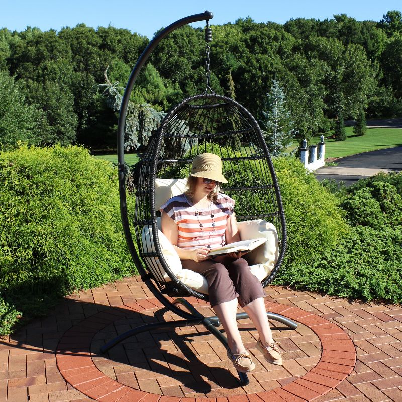 Sunnydaze Outdoor Resin Wicker Patio Penelope Hanging Basket Egg Chair Swing with Cushions, Headrest, and Steel Stand Set - Gray - 3pc