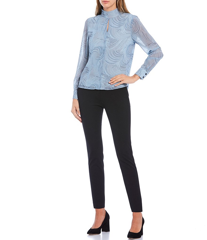 Donna Karan New York Mock Neck Long Sleeve Deco Plume Print Blouse