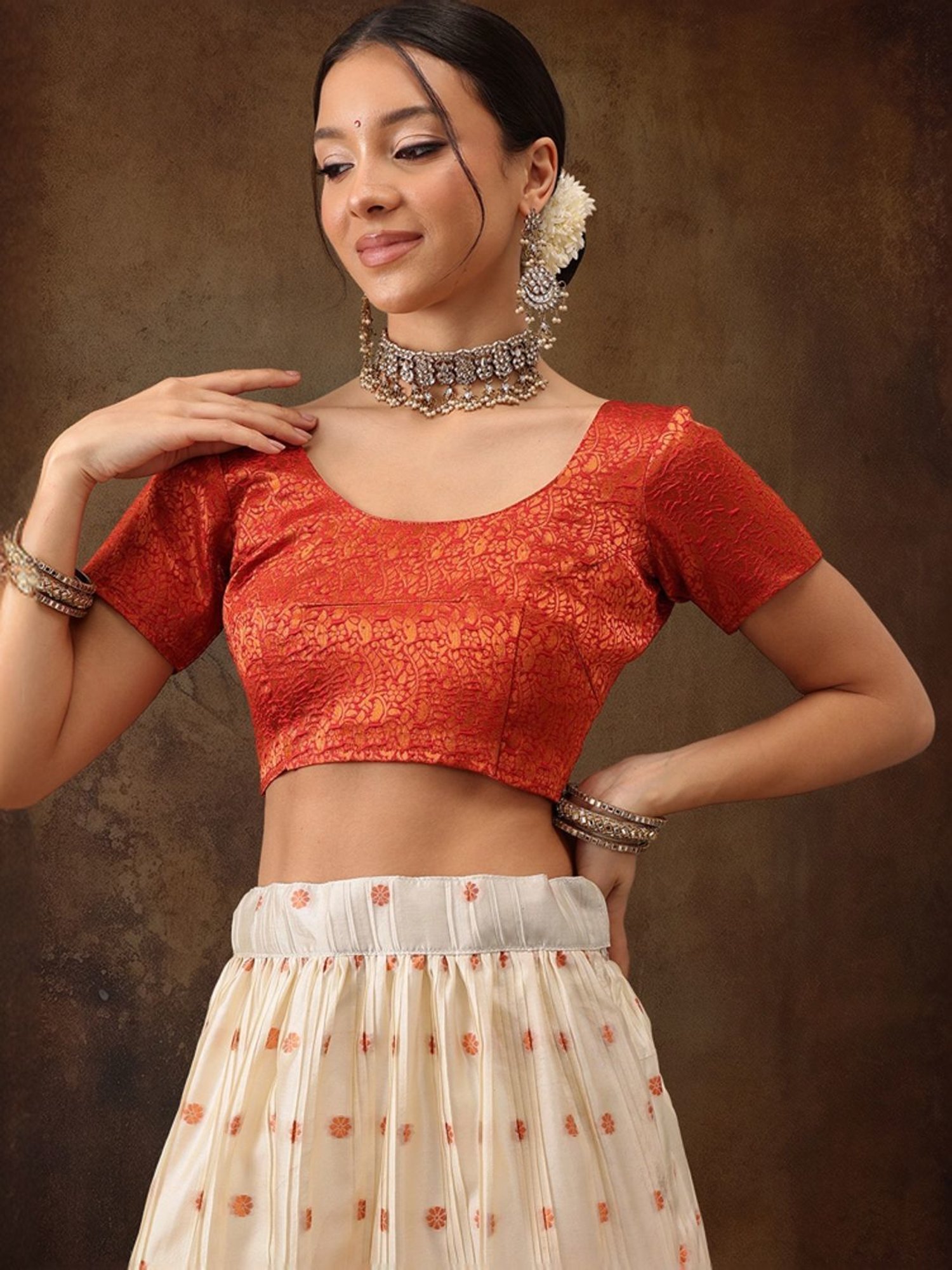Silk Land Beige & Red Woven Pattern Semi Stitched Lehenga Choli Set With Duppata
