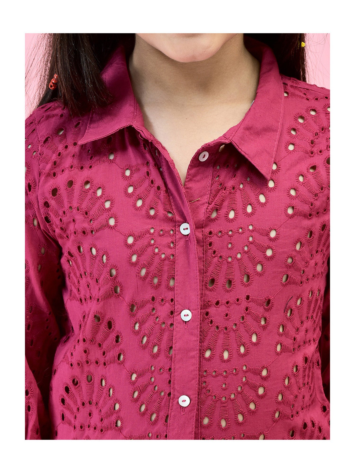 Juniper Girls Pink Self Design Shirt With Pants
