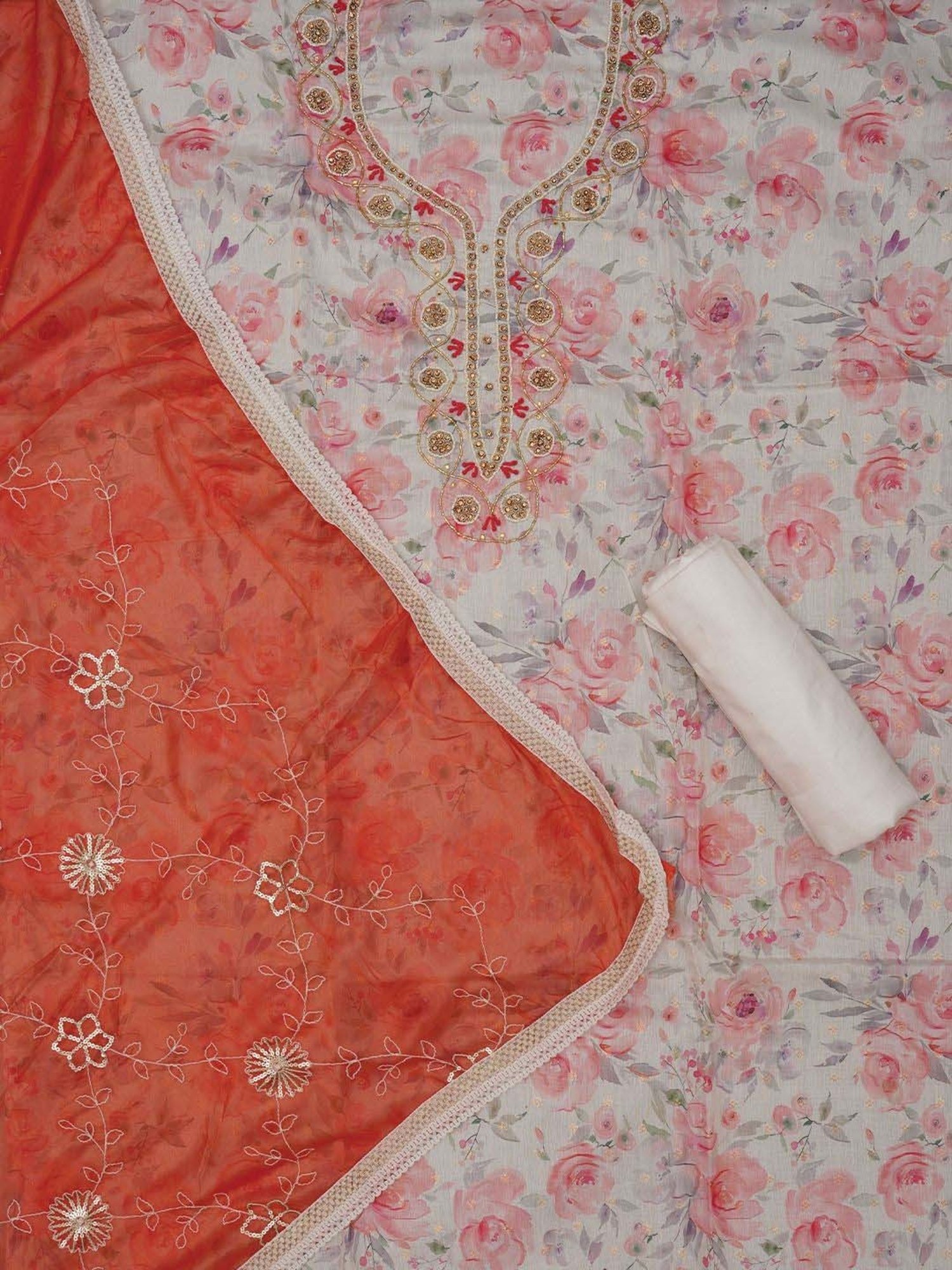 Jaipur Kurti White & Orange Embellished Unstitched Dress Material