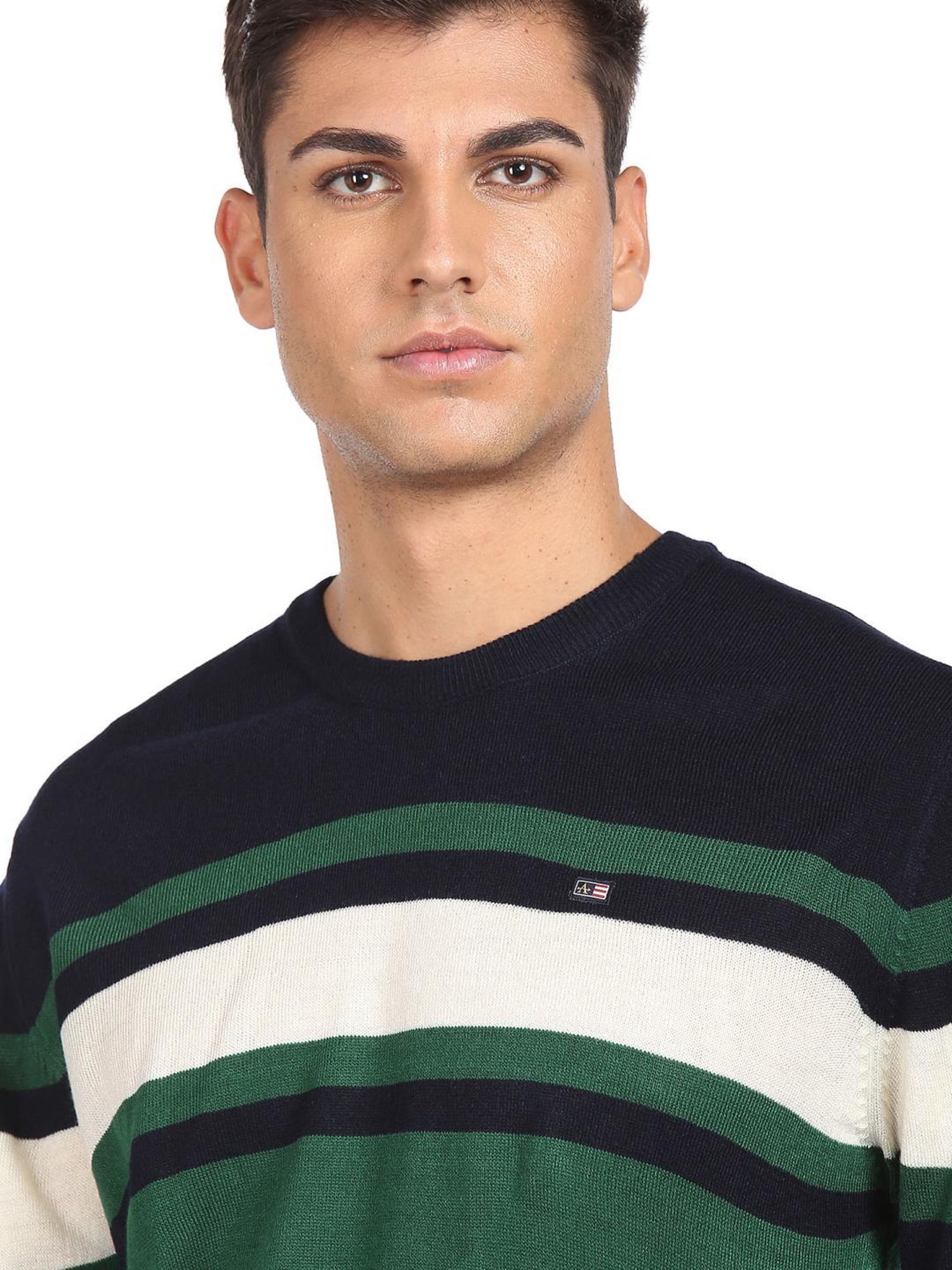 Arrow Sport Dark Green Regular Fit Striped Sweater
