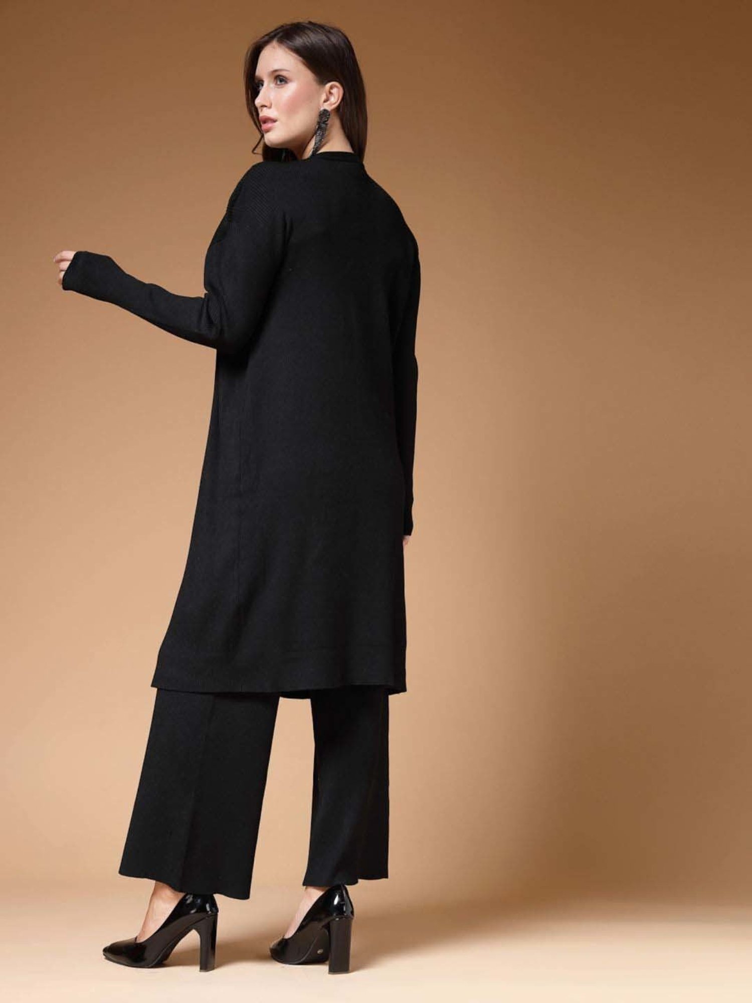 Mafadeny Black Plain Top Pants Set With Shrug