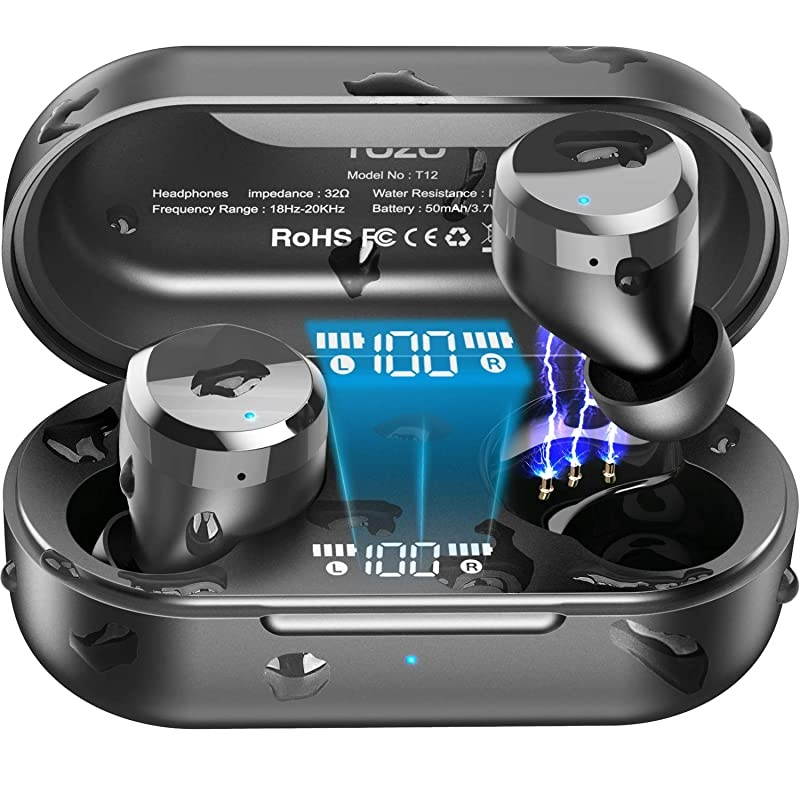 T12 Wireless Earbuds Bluetooth Headphones with Touch Control and Wireless Charging Case Digital Intelligence LED Display IPX8 Waterproof Earphones Builtin Mic Headset Deep Bass for Sport Black