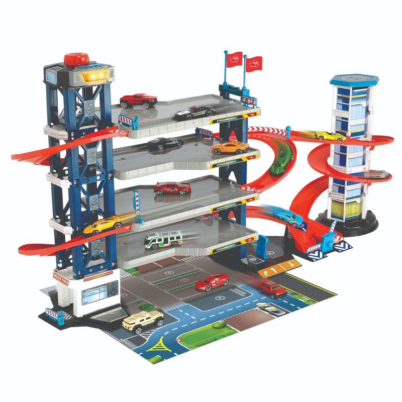 Dickie Toys Parking Garage Playset with 4 Diecast Cars and Diecast Helicopter