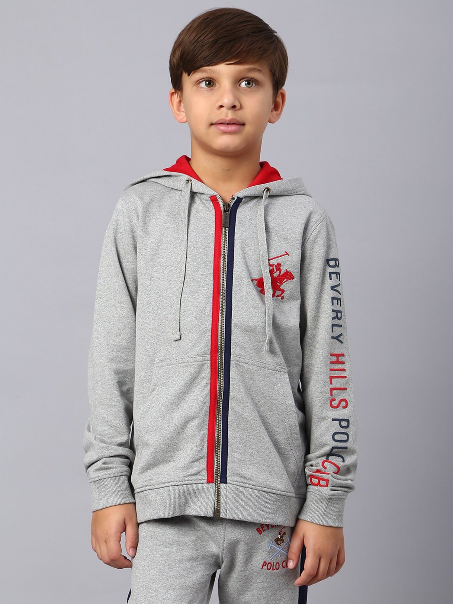 Beverly Hills Polo Club Kids Grey Textured Full Sleeves Hoodie