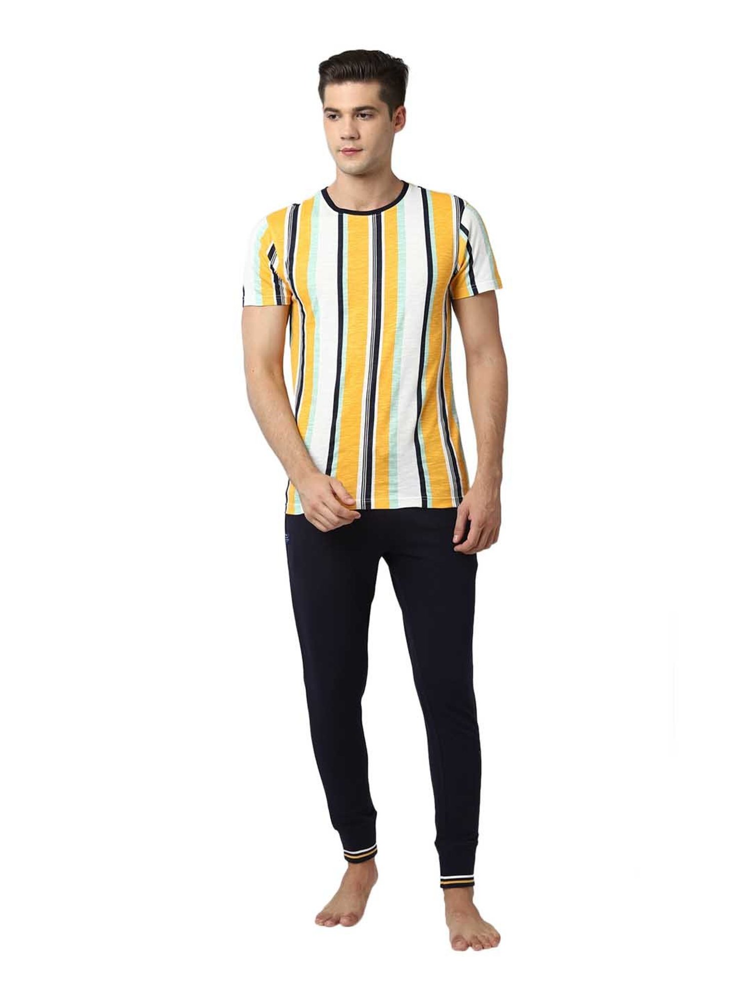 Peter England Yellow Regular Fit Striped T-Shirt & Joggers Set
