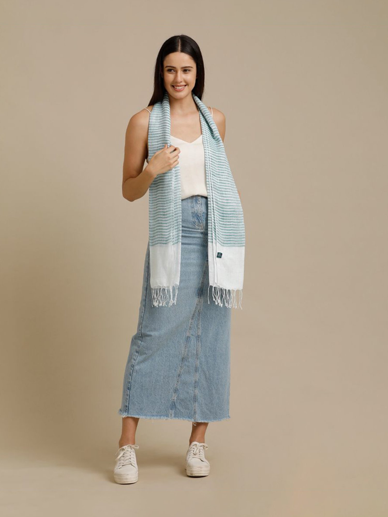Linen Club Turquoise Blue Striped Pure Linen Stole