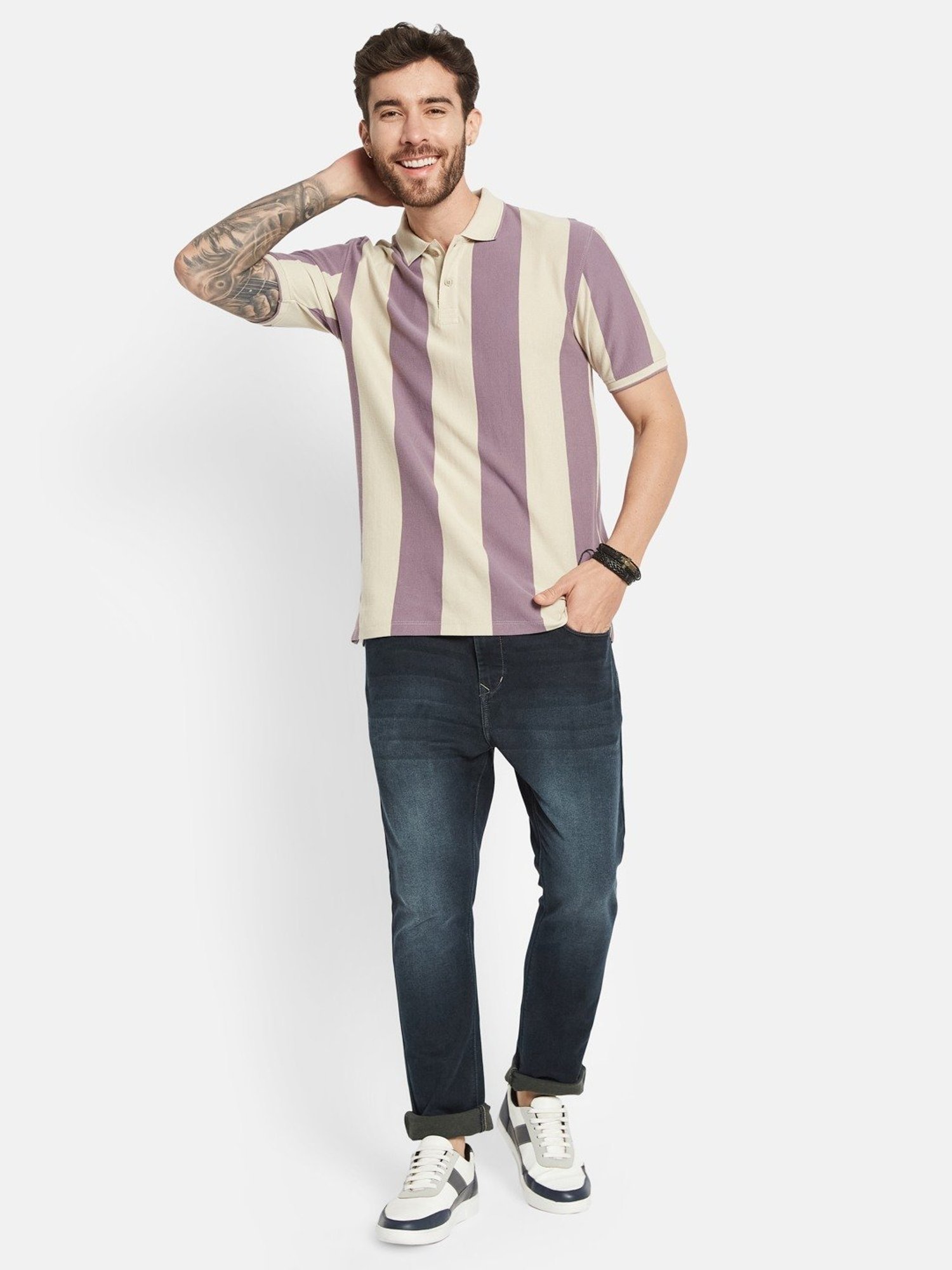 Octave Gravel Cotton Regular Fit Striped Polo T-Shirt