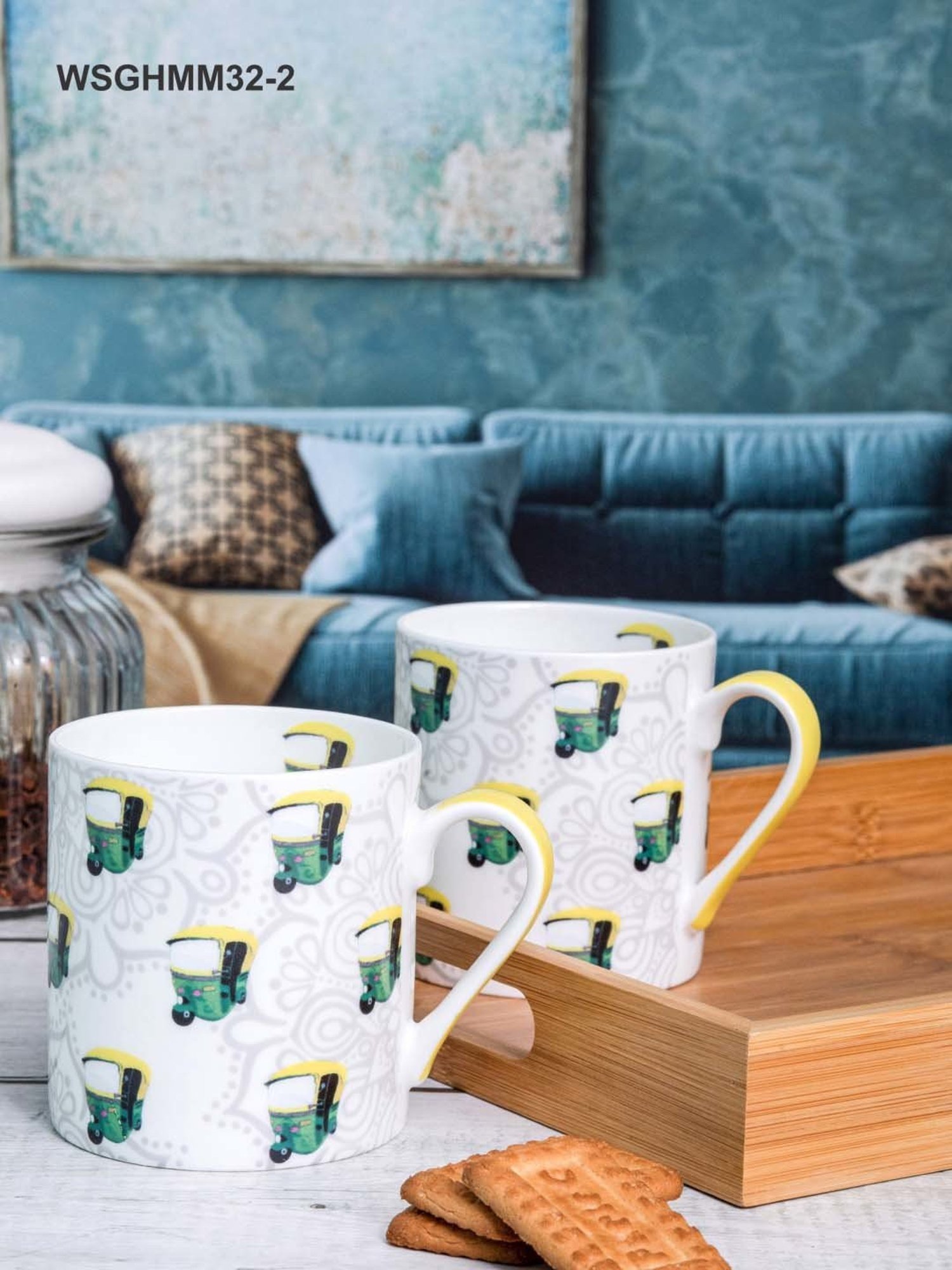 Goodhomes White & Green Bone China Coffee Large Mug (0.32 L) - Set of 2