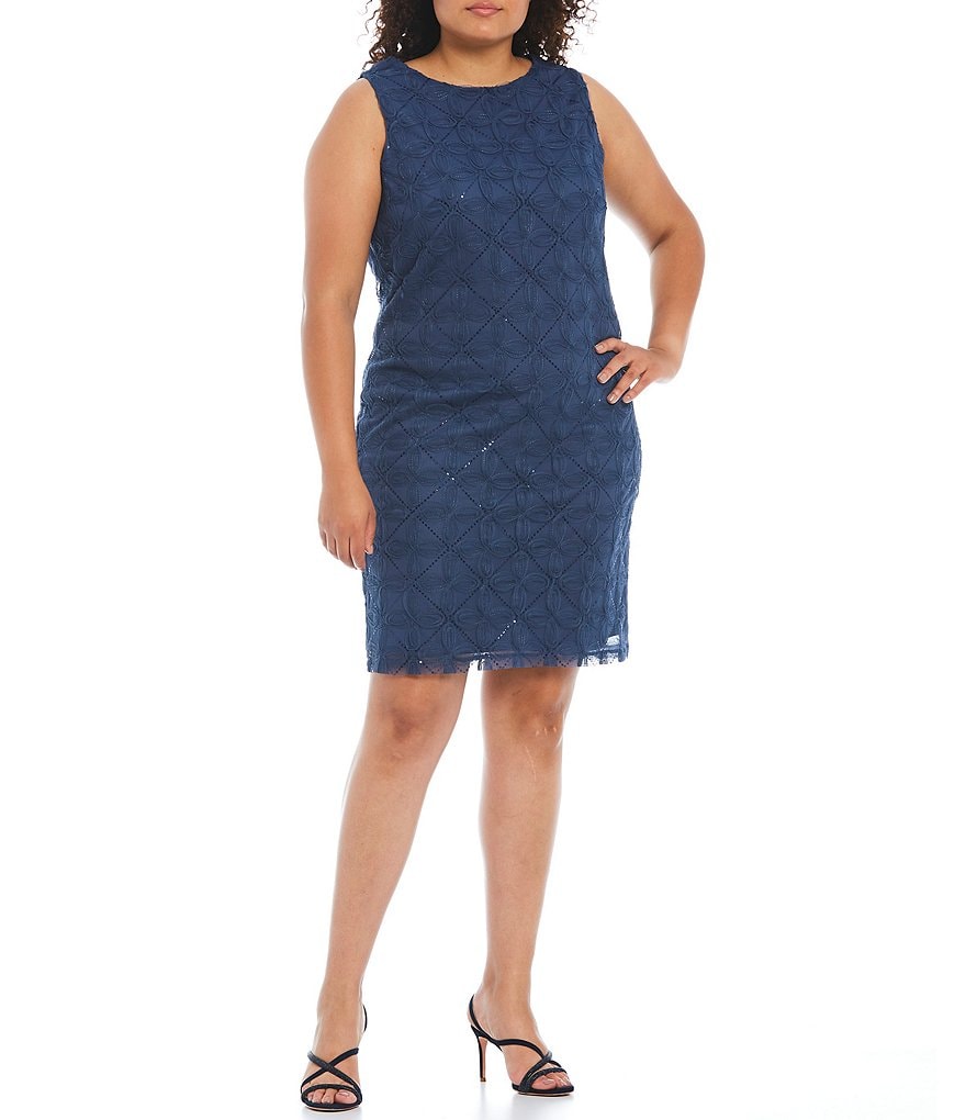 Ignite Evenings Plus Size Round Neck 3/4 Sleeve Embroidered Soutache Mesh 2-Piece Jacket Dress