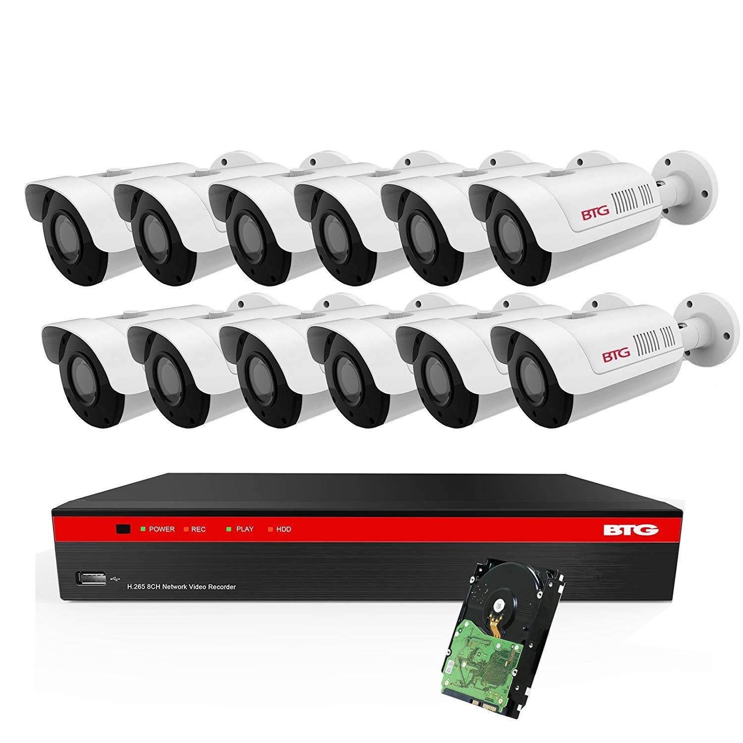 BTG 16CH 12 Cameras 4K NVR 5MP PoE Security Camera System Built-in PoE with Outdoor 5MP Surveillance IP PoE 12 Varifocal Bullet Cameras HD 2592 x 1944 IR CCTV System H265 2TB HDD