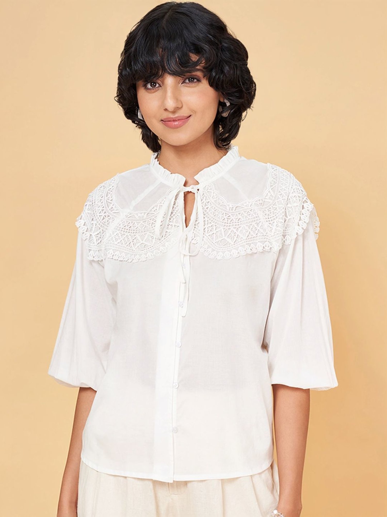 Honey by Pantaloons White Cotton Lace Work Top