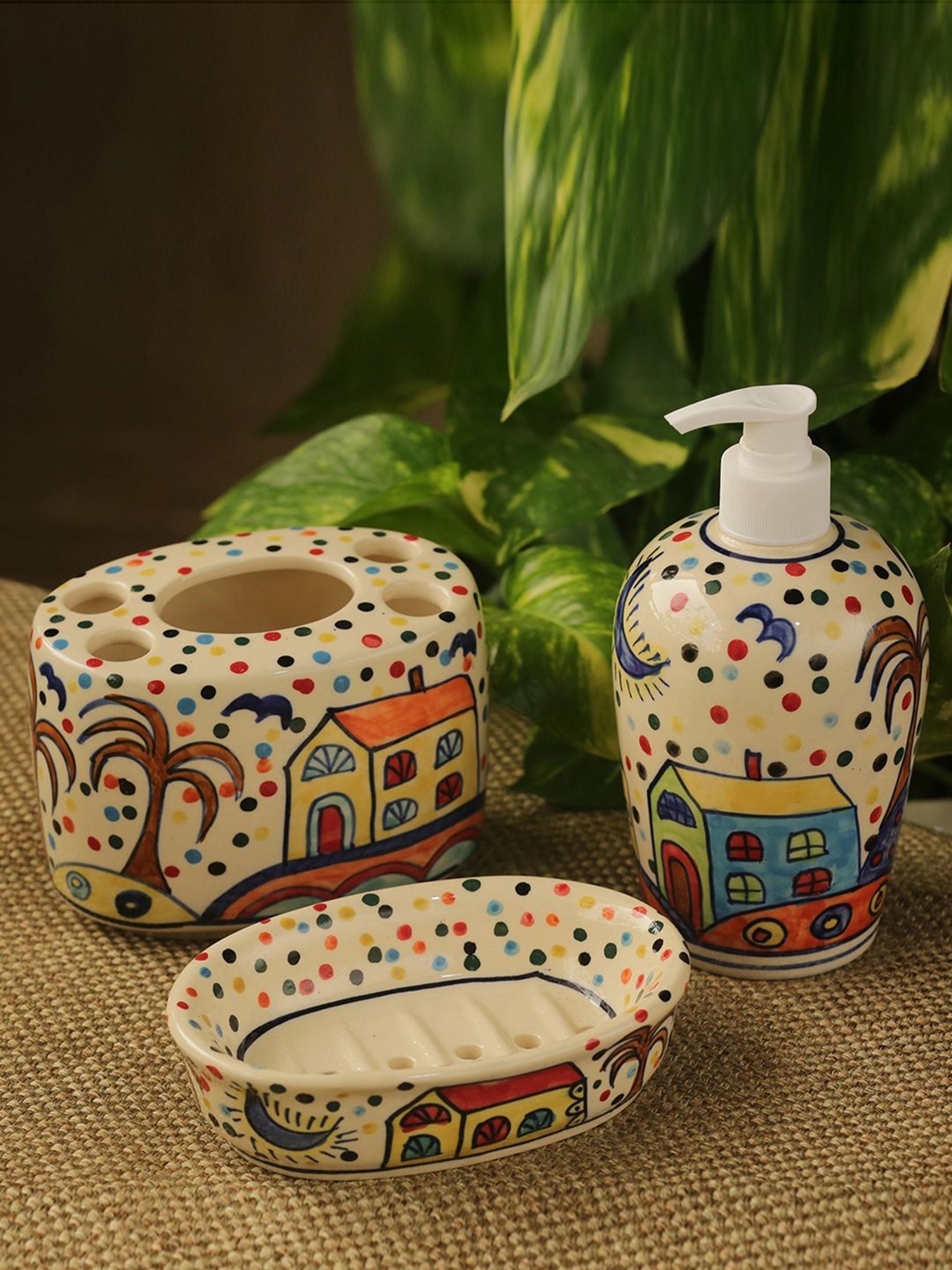 ExclusiveLane 'The Hut Essentials' Hand-Painted Ceramic Bathroom Accessory (Set Of 3)