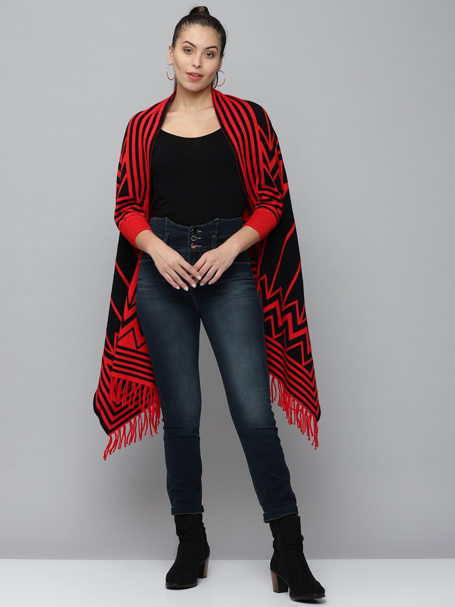 SHOWOFF Red & Black Striped Poncho