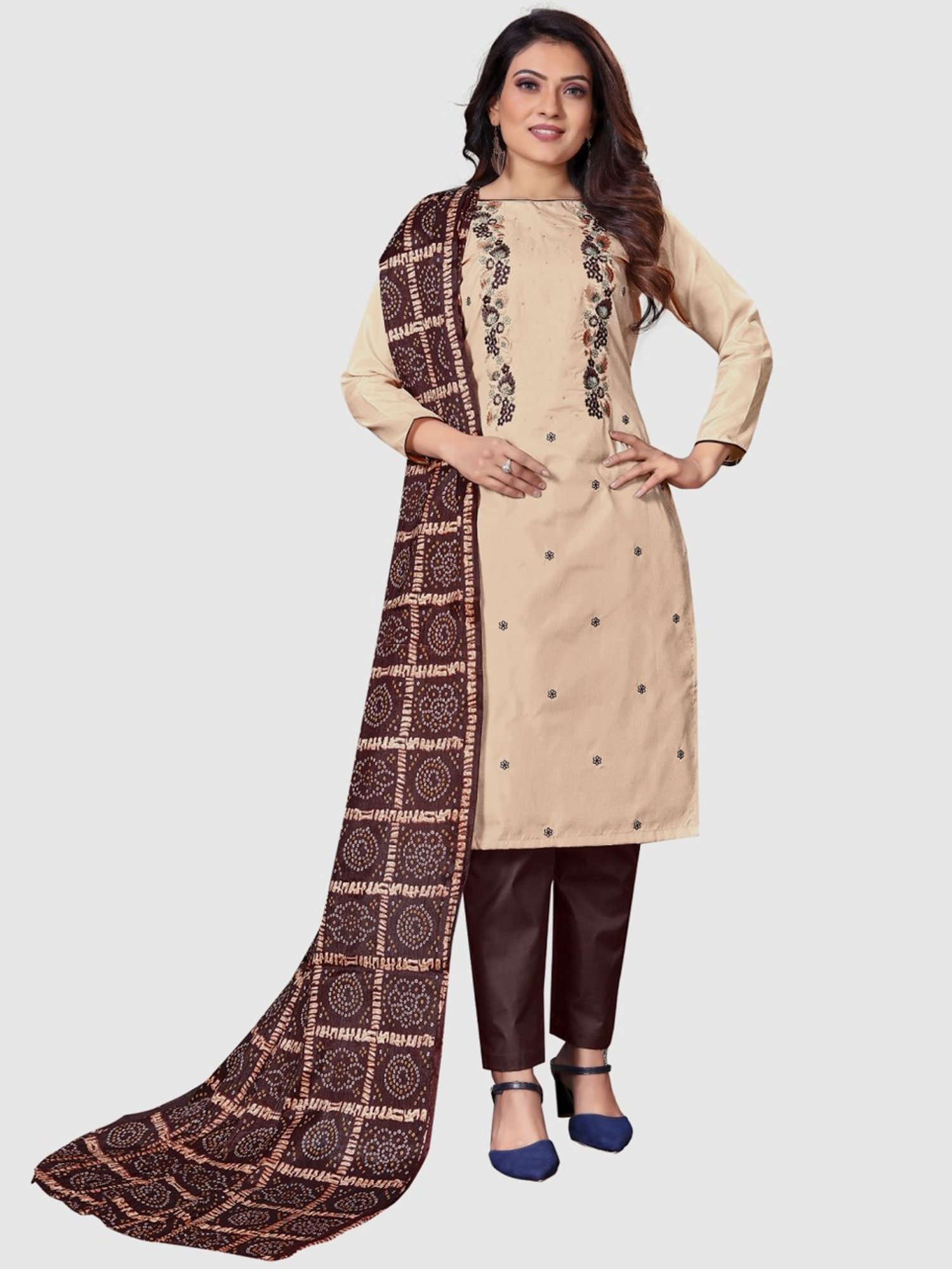 APNISHA Beige Embroidered Unstitched Dress Material