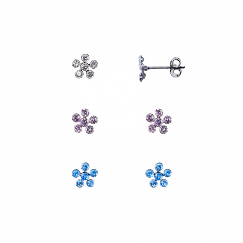 FAO Schwarz Blue, Crystal and Purple Stone Flower Trio Earring Set