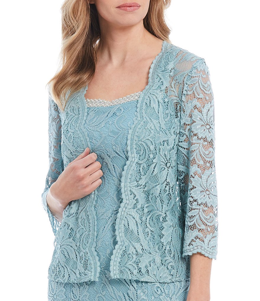 Le Bos Embroidered Stretch Lace 3/4 Sleeve Square Neck 2-Piece Jacket Dress