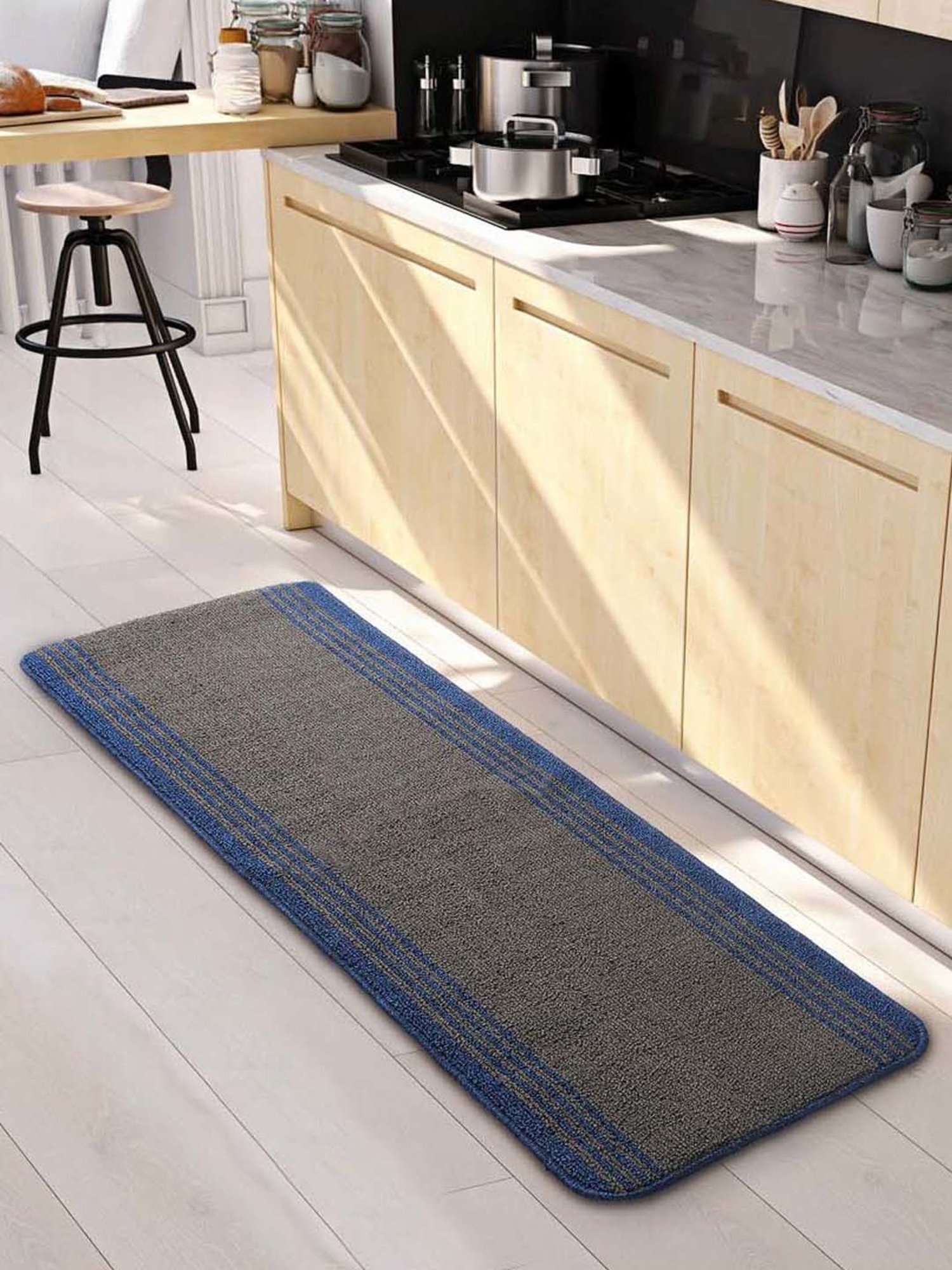 Saral Home Grey & Navy Polypropylene Large Antiskid & Washable Power Runner