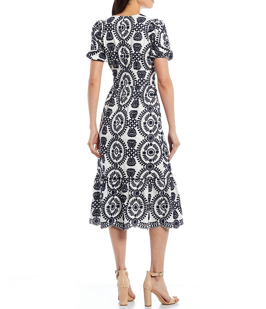 Adelyn Rae Eyelet Embroidered Puff Sleeve V-Neck Midi Dress