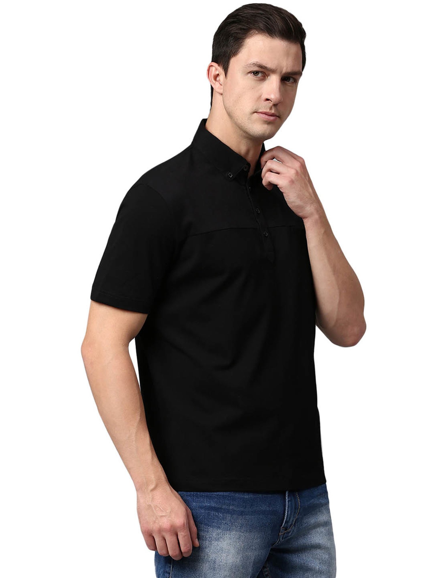 Slowave Black Cotton Regular Fit Polo T-Shirt