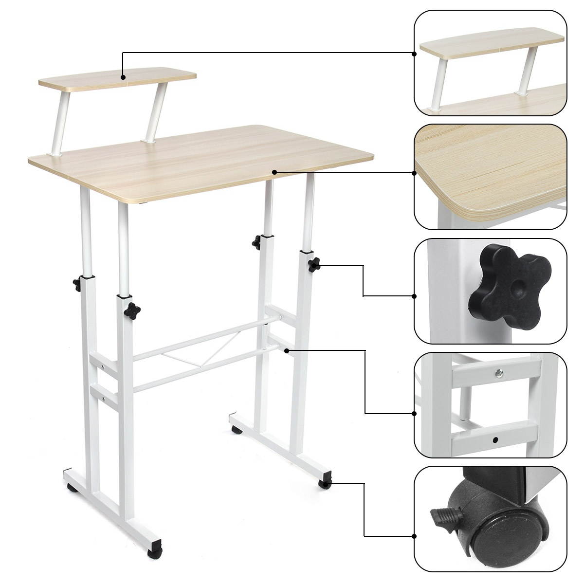 Mobile Standing Computer Desk Laptop Table Workstation Adjustable Height w/Shelf