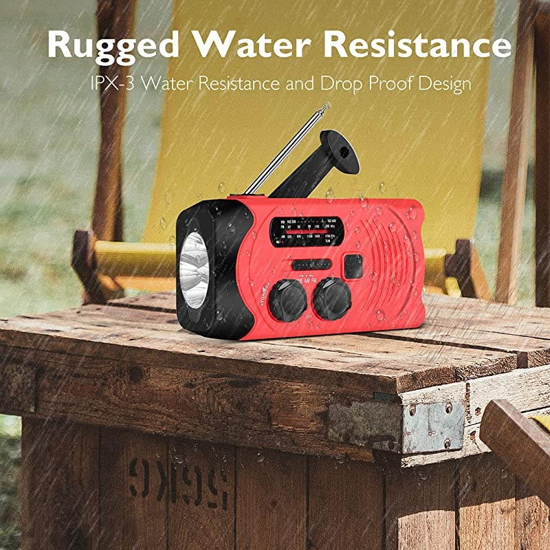 Solar Radio, AM/FM NOAA Weather Redio for Household and Outdoor, Hand Crank Self Powered Radio with LED Flashlight 2000mAh for Phone Charger Red