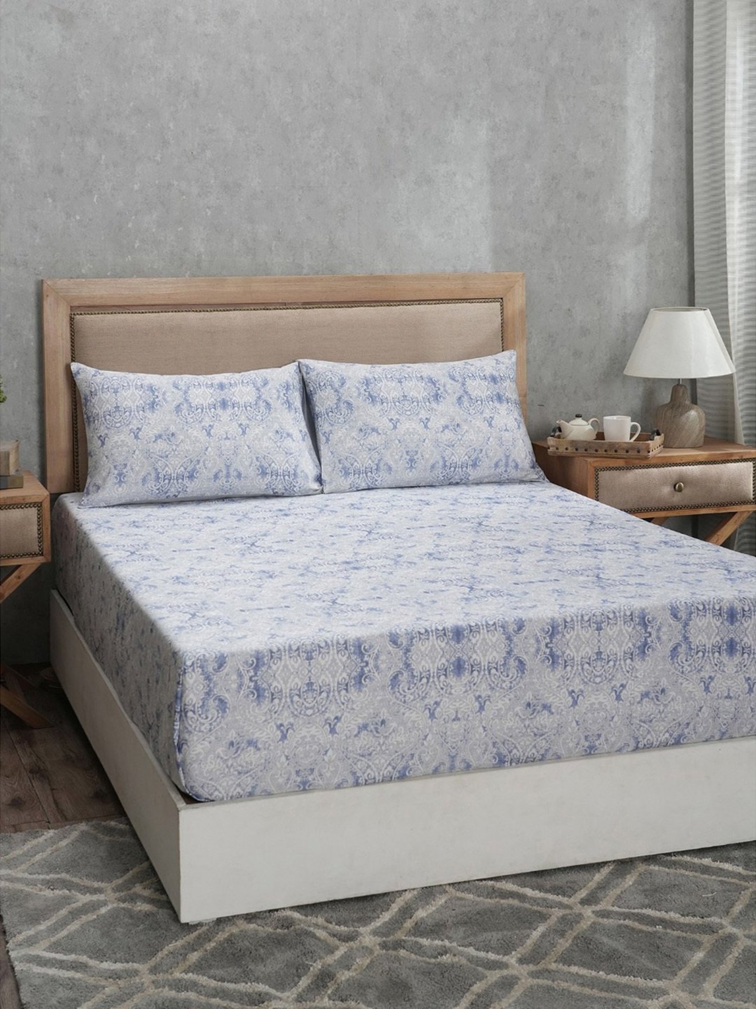 Maspar PBS Refined Retro Baroque Printed Blue 400 TC Cotton King Bed Sheet With 2 Pillow Covers
