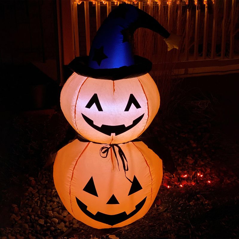 Sunnydaze 4 Foot Self Inflatable Blow Up Jack-O' Lantern Duo with Witch Hat Outdoor Holiday Halloween Lawn Decoration with LED Lights
