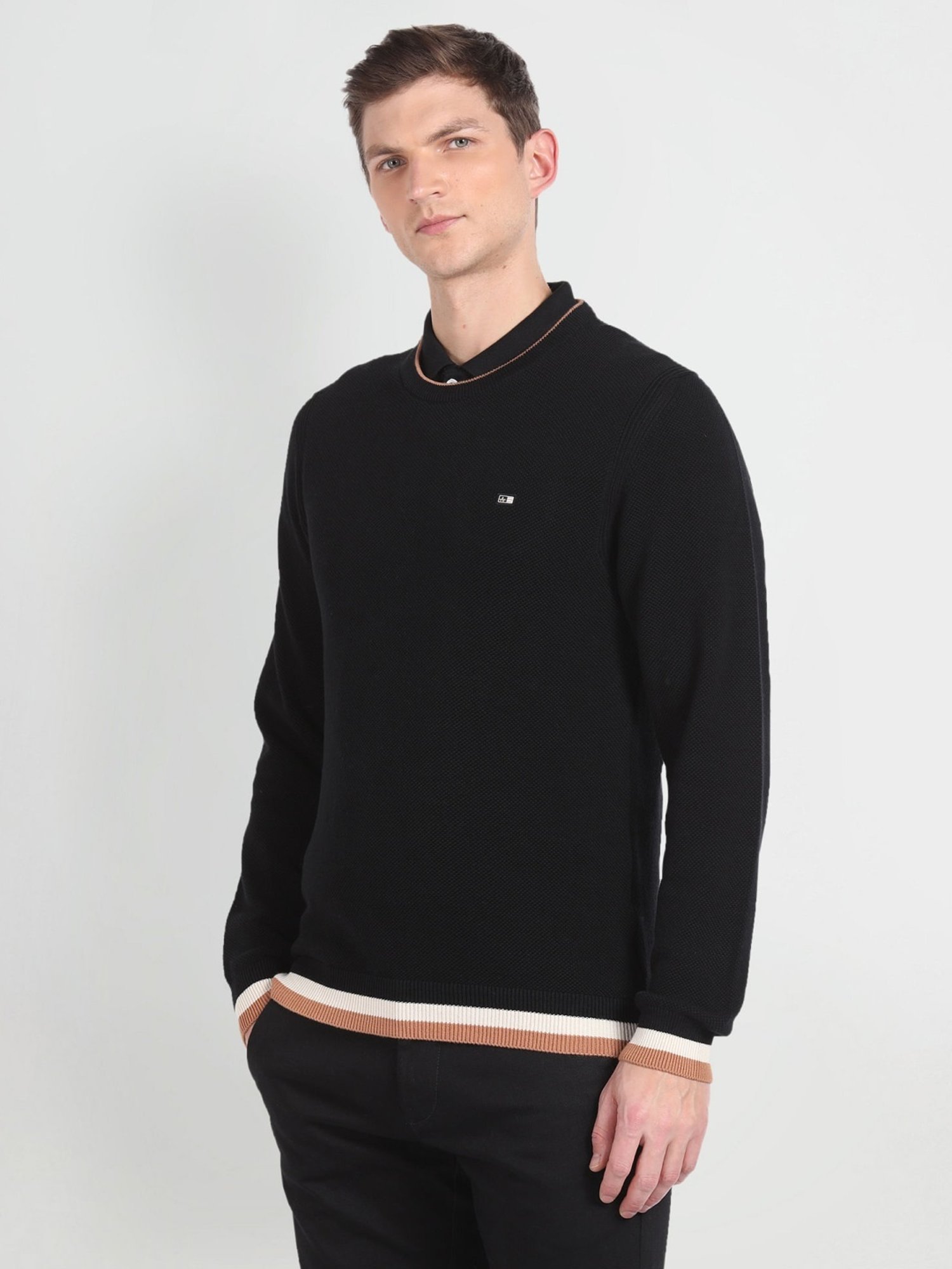 Arrow Sport Black Regular Fit Self Pattern Sweater