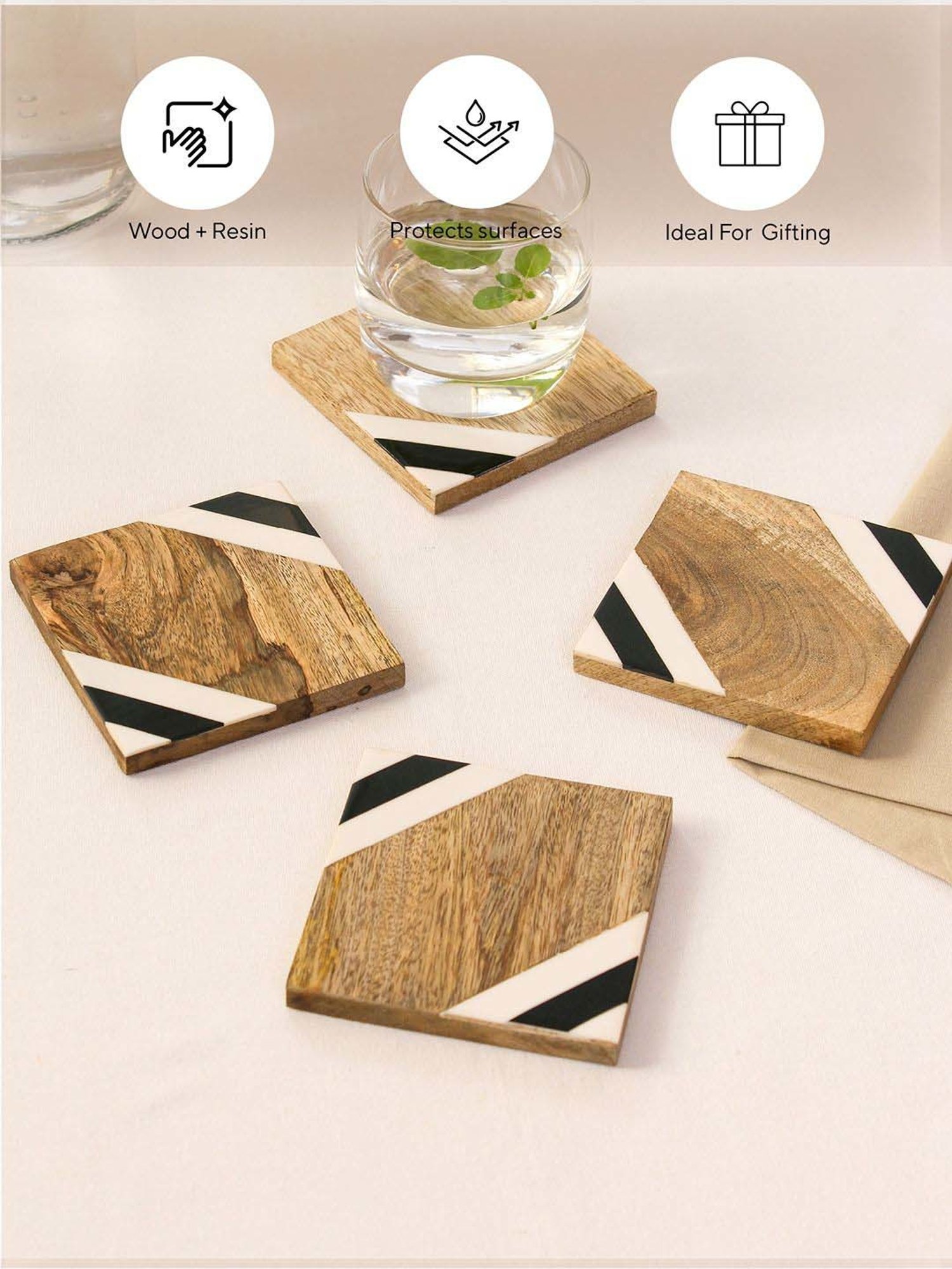 Crayton Hexagon Beige Geometric MDF Coaster - Set of 4