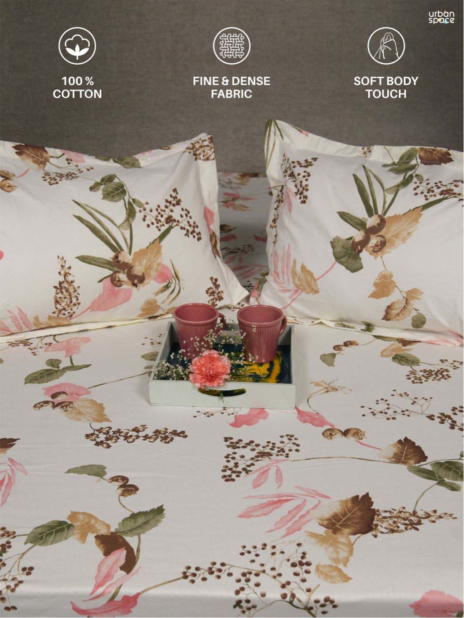 Urban Space White & Pink Cotton 200 TC Cherry Blossom Single Bedsheet with 1 Pillow Cover