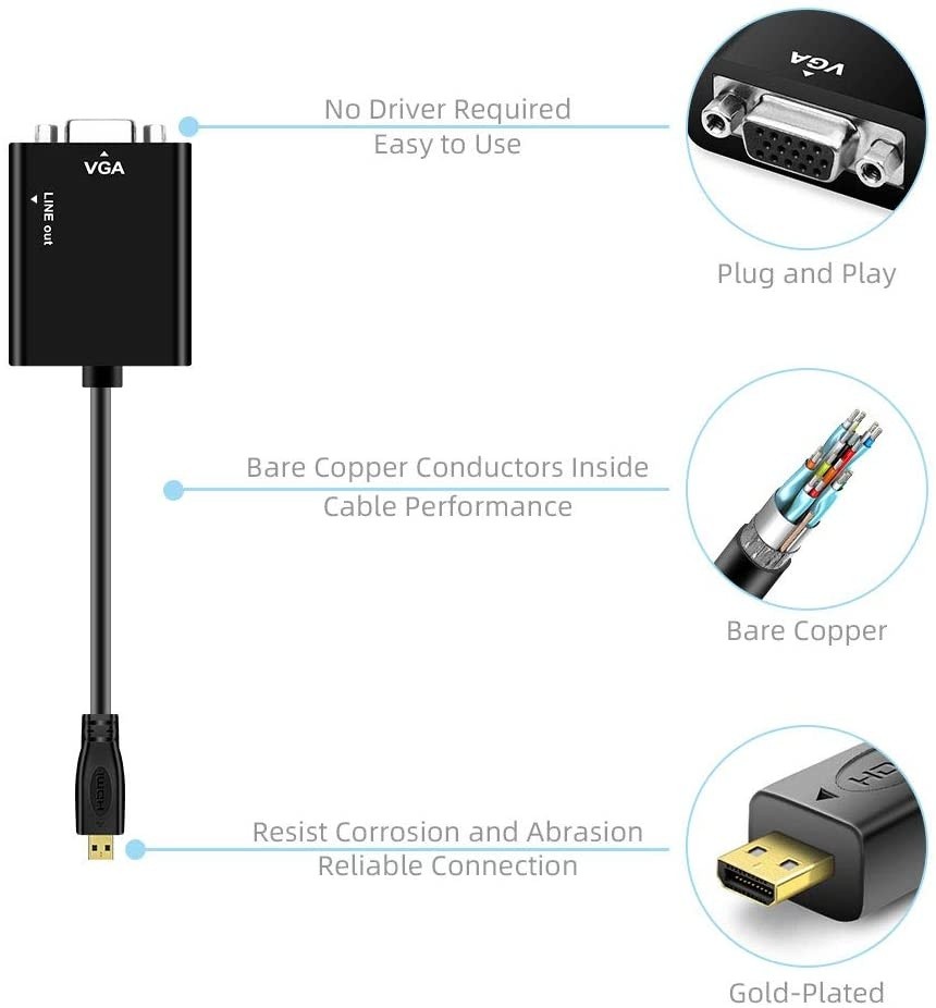 Micro HDMI to VGA Converter 1080P Gold Plated (Male to Female) with 3.5mm Audio Jack Compatible with Laptop TabletsUltrabooks Cameras and Camcorders